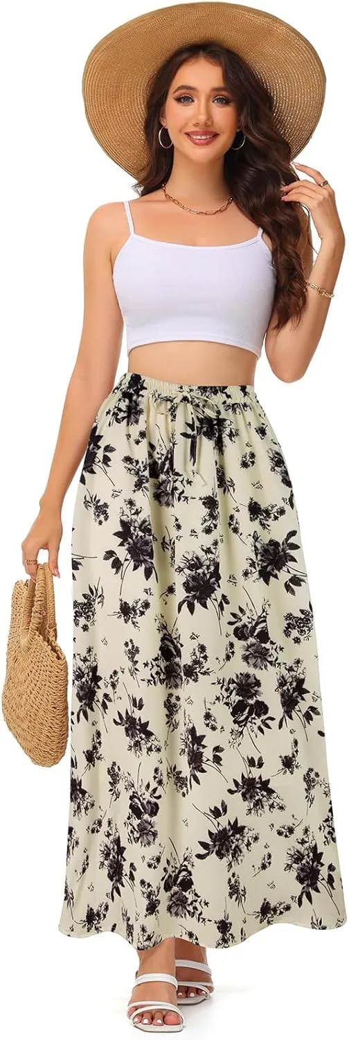 BLEVONH Casual Flowy Maxi Skirts for Women 2024 Autumn and Winter High Waisted Elastic Long Skirts
