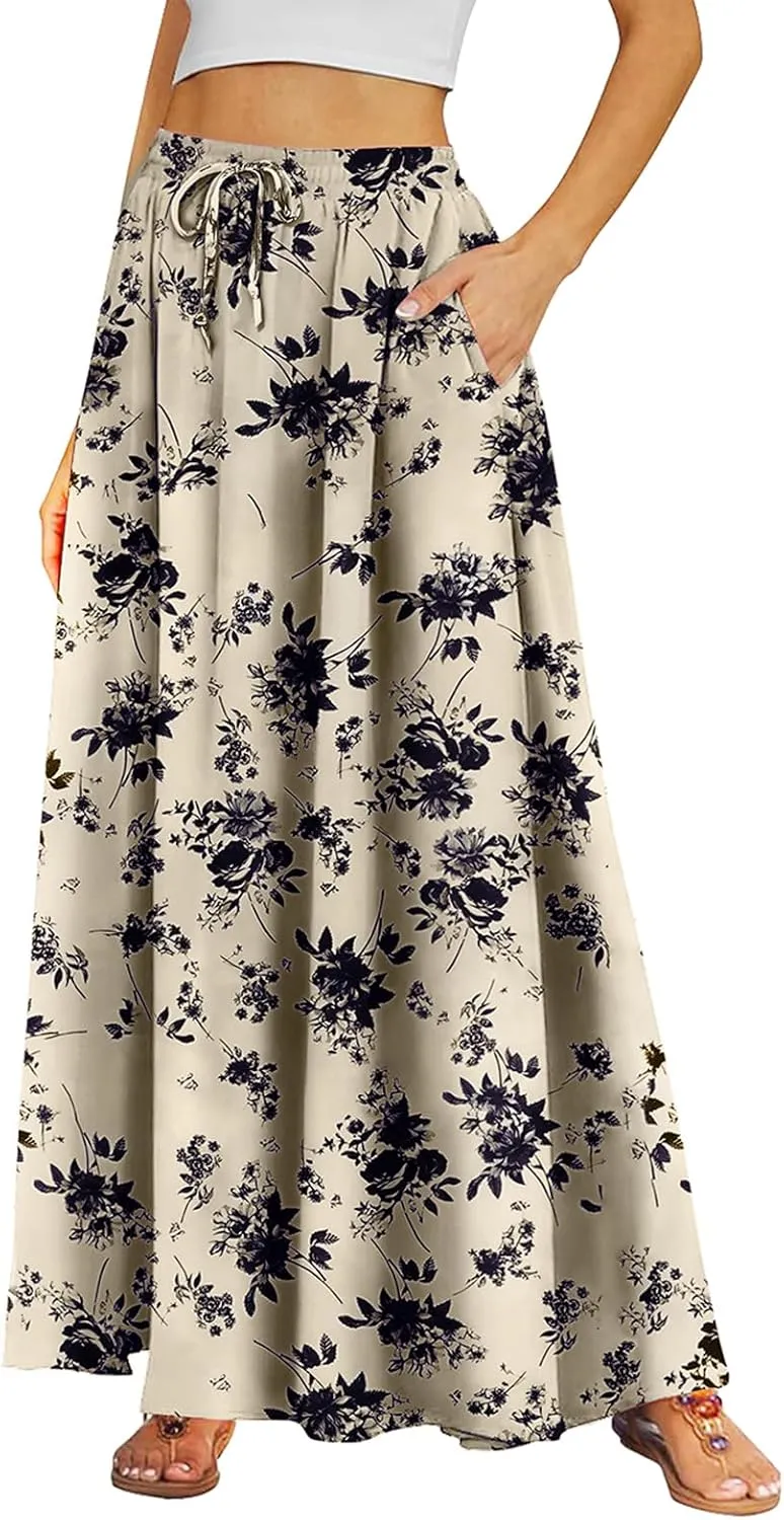 BLEVONH Casual Flowy Maxi Skirts for Women 2024 Autumn and Winter High Waisted Elastic Long Skirts