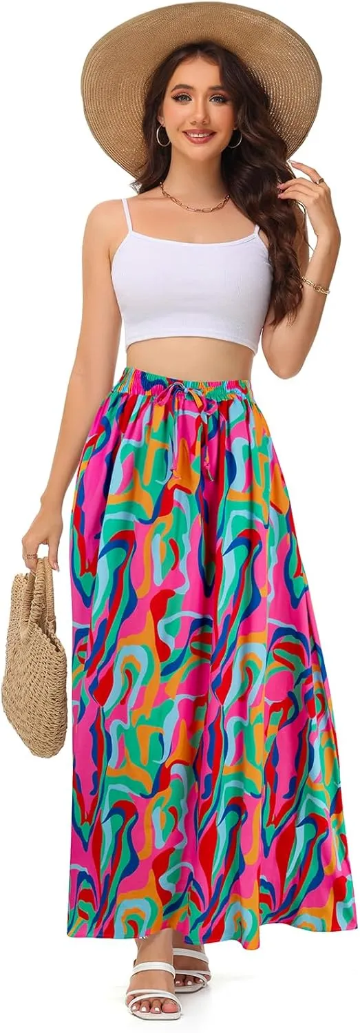 BLEVONH Casual Flowy Maxi Skirts for Women 2024 Autumn and Winter High Waisted Elastic Long Skirts