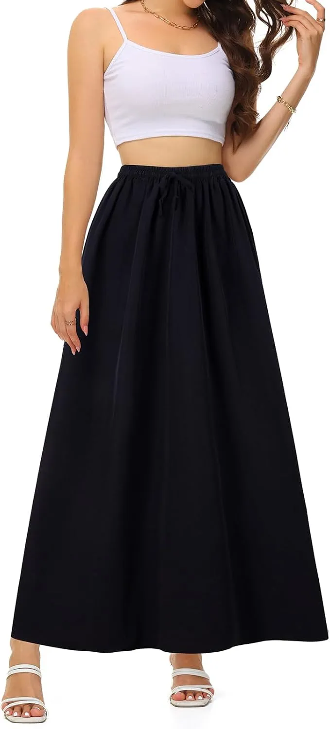 BLEVONH Casual Flowy Maxi Skirts for Women 2024 Autumn and Winter High Waisted Elastic Long Skirts