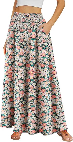BLEVONH Casual Flowy Maxi Skirts for Women 2024 Autumn and Winter High Waisted Elastic Long Skirts