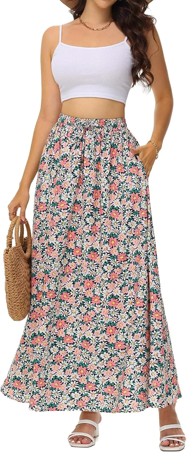 BLEVONH Casual Flowy Maxi Skirts for Women 2024 Autumn and Winter High Waisted Elastic Long Skirts