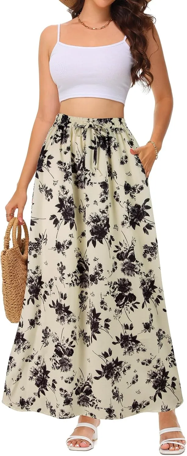 BLEVONH Casual Flowy Maxi Skirts for Women 2024 Autumn and Winter High Waisted Elastic Long Skirts