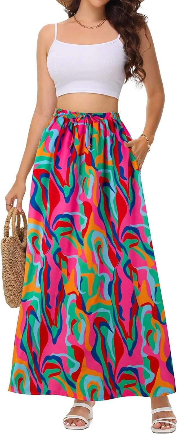 BLEVONH Casual Flowy Maxi Skirts for Women 2024 Autumn and Winter High Waisted Elastic Long Skirts