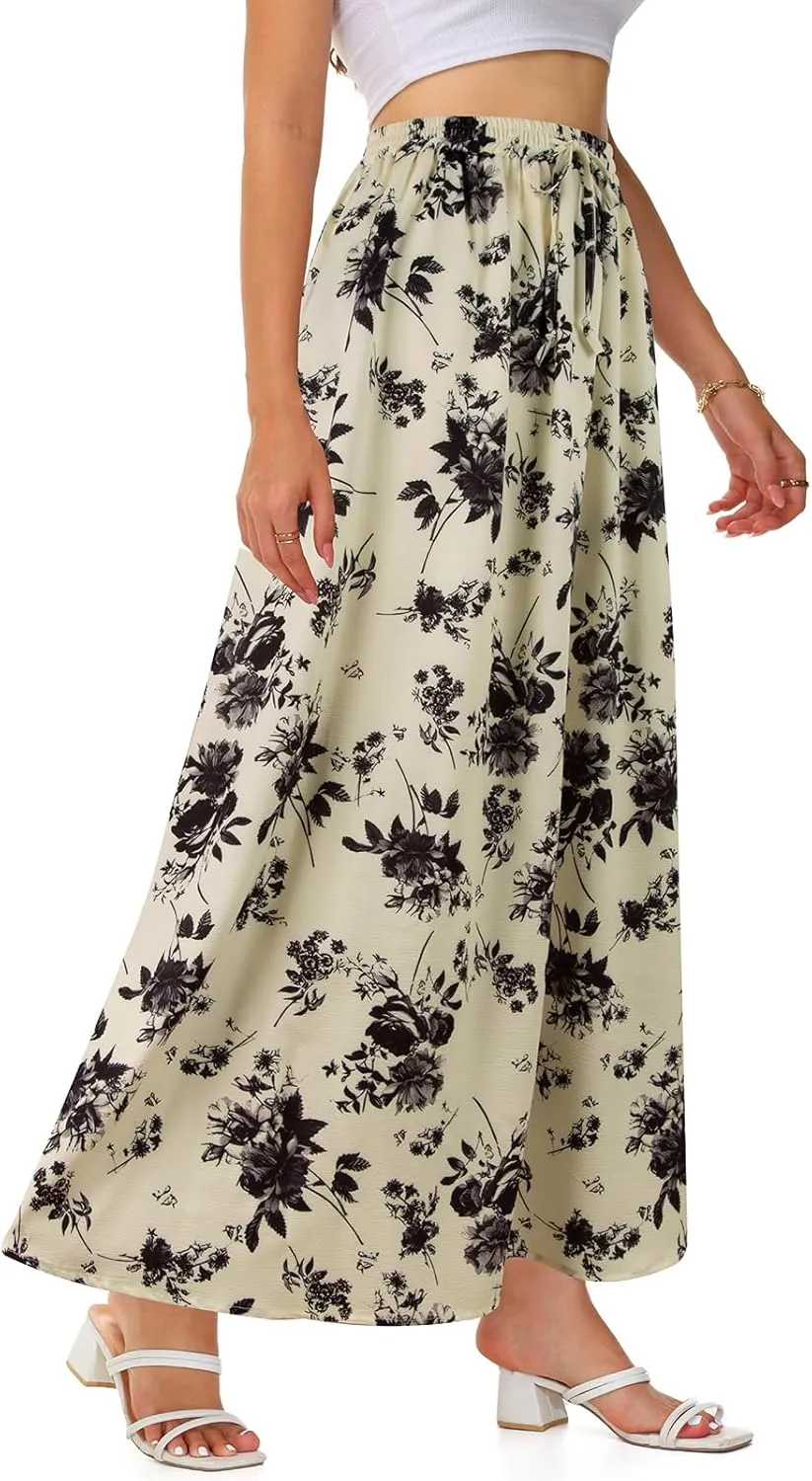 BLEVONH Casual Flowy Maxi Skirts for Women 2024 Autumn and Winter High Waisted Elastic Long Skirts