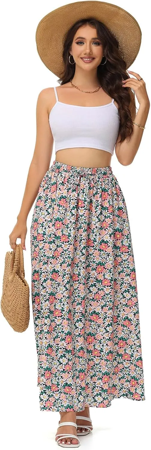 BLEVONH Casual Flowy Maxi Skirts for Women 2024 Autumn and Winter High Waisted Elastic Long Skirts