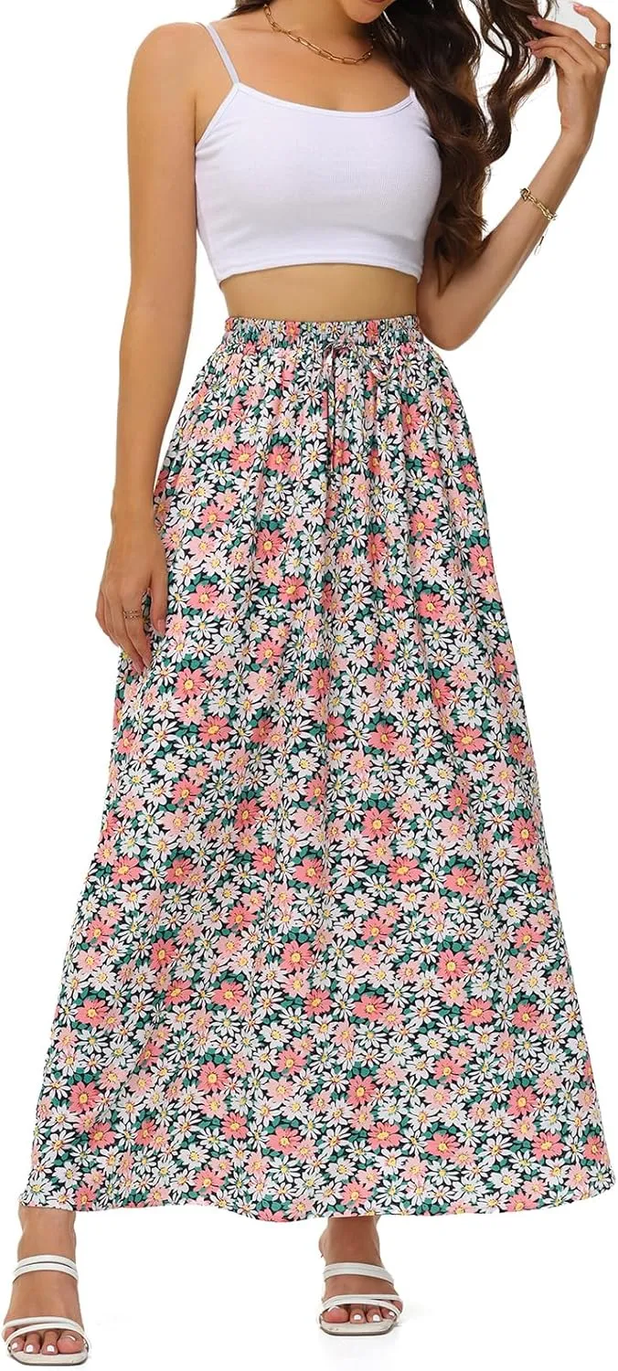 BLEVONH Casual Flowy Maxi Skirts for Women 2024 Autumn and Winter High Waisted Elastic Long Skirts