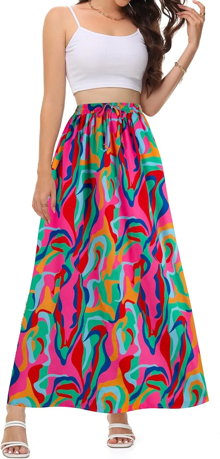 BLEVONH Casual Flowy Maxi Skirts for Women 2024 Autumn and Winter High Waisted Elastic Long Skirts