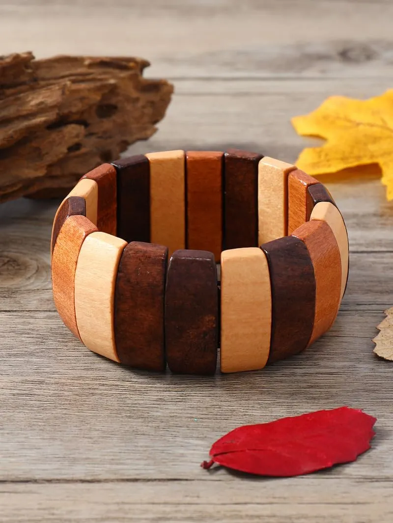 Bohemia Natural Wood Coconut Shell Bangle Bracelets Retro Ethnic Multi-Colored Wood Beaded Stretch Bracelets Boho Wide Chunky Elastic Wristband for Women Men Holiday Jewelry Gifts