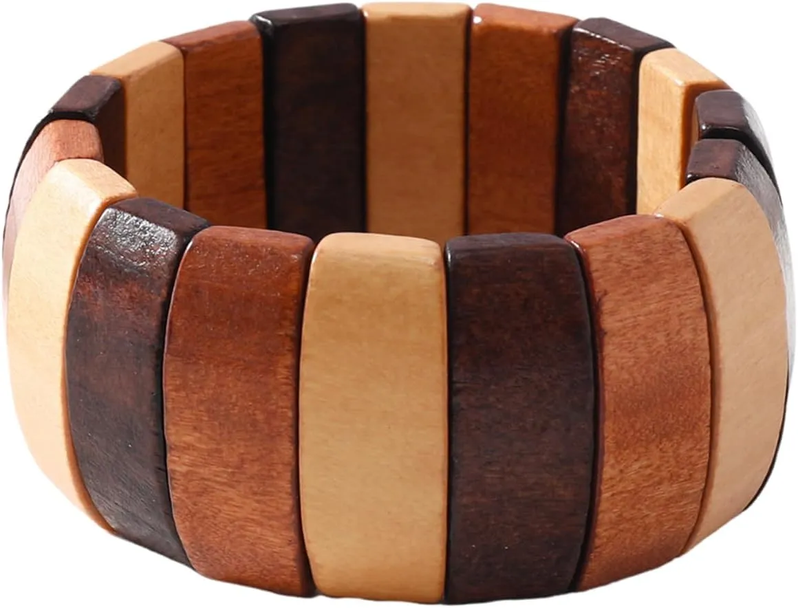 Bohemia Natural Wood Coconut Shell Bangle Bracelets Retro Ethnic Multi-Colored Wood Beaded Stretch Bracelets Boho Wide Chunky Elastic Wristband for Women Men Holiday Jewelry Gifts