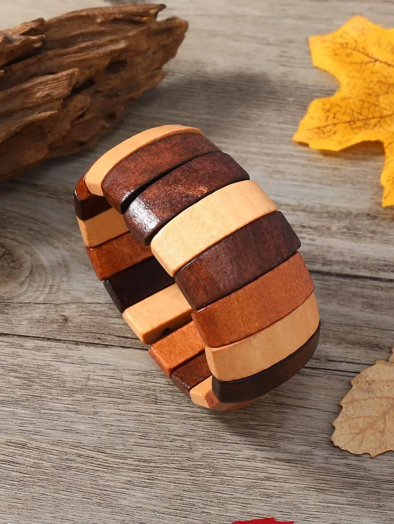 Bohemia Natural Wood Coconut Shell Bangle Bracelets Retro Ethnic Multi-Colored Wood Beaded Stretch Bracelets Boho Wide Chunky Elastic Wristband for Women Men Holiday Jewelry Gifts