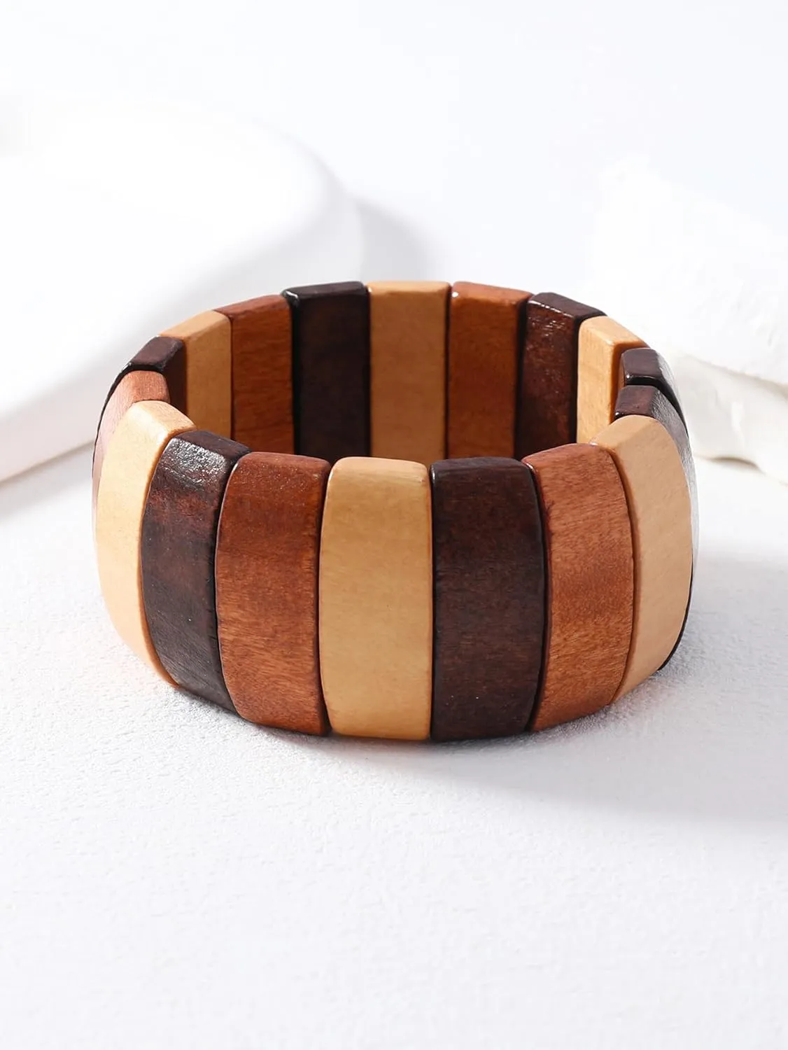 Bohemia Natural Wood Coconut Shell Bangle Bracelets Retro Ethnic Multi-Colored Wood Beaded Stretch Bracelets Boho Wide Chunky Elastic Wristband for Women Men Holiday Jewelry Gifts