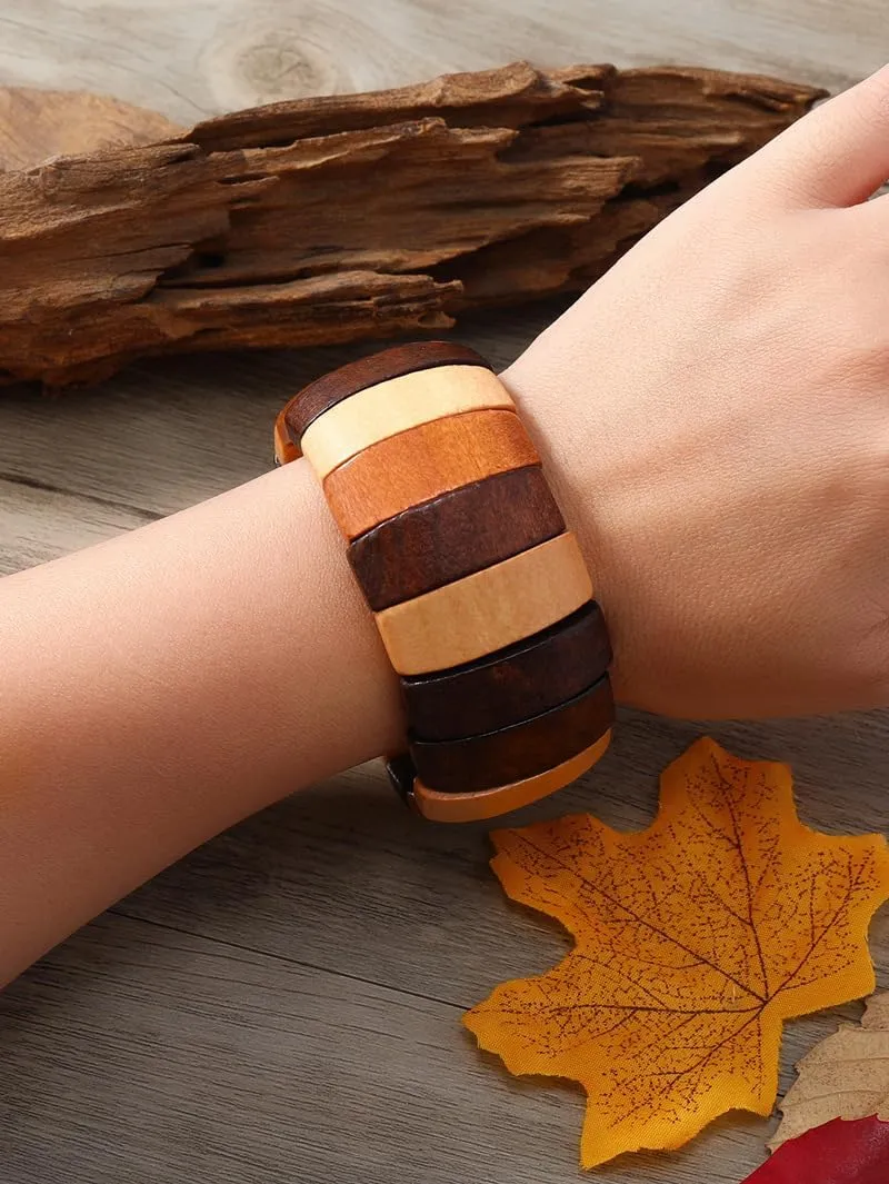 Bohemia Natural Wood Coconut Shell Bangle Bracelets Retro Ethnic Multi-Colored Wood Beaded Stretch Bracelets Boho Wide Chunky Elastic Wristband for Women Men Holiday Jewelry Gifts