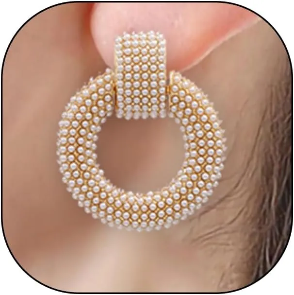 Boho Cluster Pearls Drop Earrings for Women Chunky Gold Statement Dangle Earrings Retro Circle Geometric Earrings Jewelry Accessories