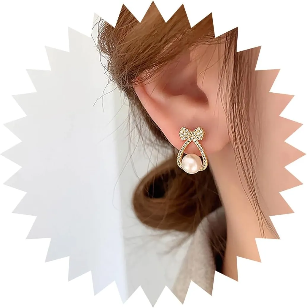 Boho Crystal Pearl Drop Earrings Gold Cz Bowknot Pearl Earrings Rhinestone Bow Stud Earrings Vintage Crystal Pearl Dangle Earrings Jewelry for Women