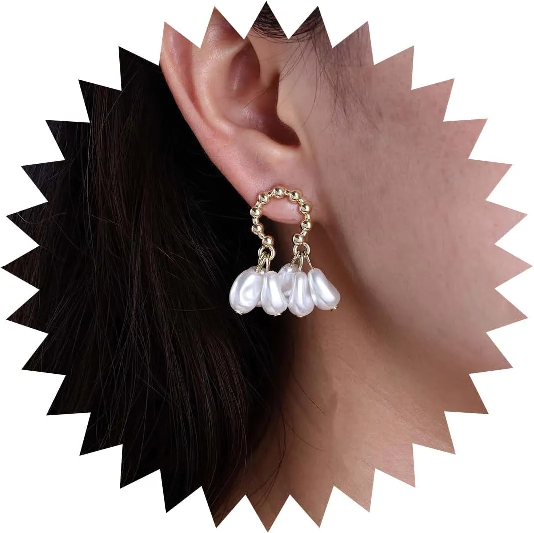 Boho Pearl Hoop Earrings Gold Pearl Dangle Huggie Earrings Vintage Pearl Chandelier Drop Earrings Beadeds Round Hoop Earrings Bridal Pearl Drop Earrings Teardrop Pearl Wedding Earrings