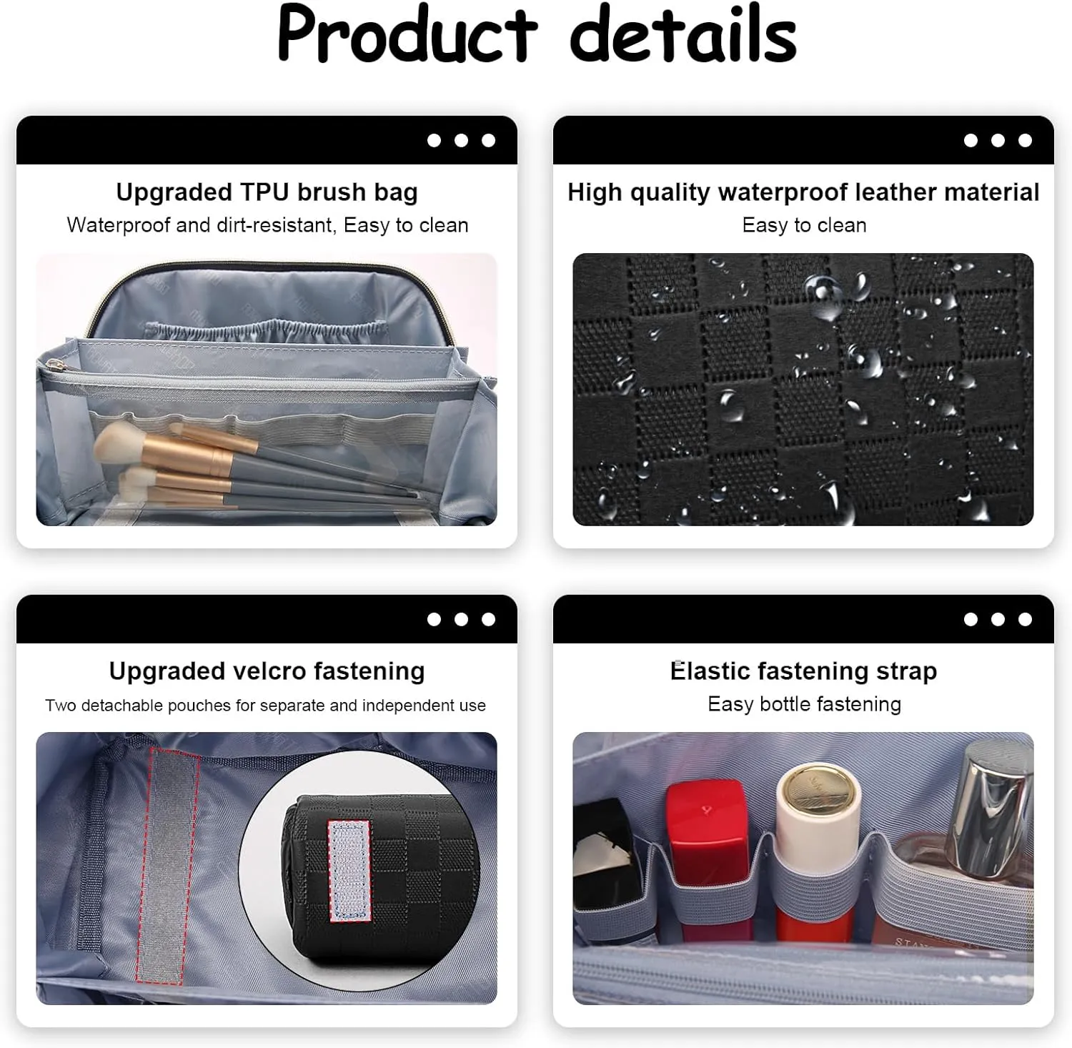 BOYATU Travel Makeup Bag Organizer Cosmetic Bag: 3 Pcs Set Make up Bags for Women with Handle - Waterproof Vegan Leather Toiletry Bags with Comparments (C-02-Black)