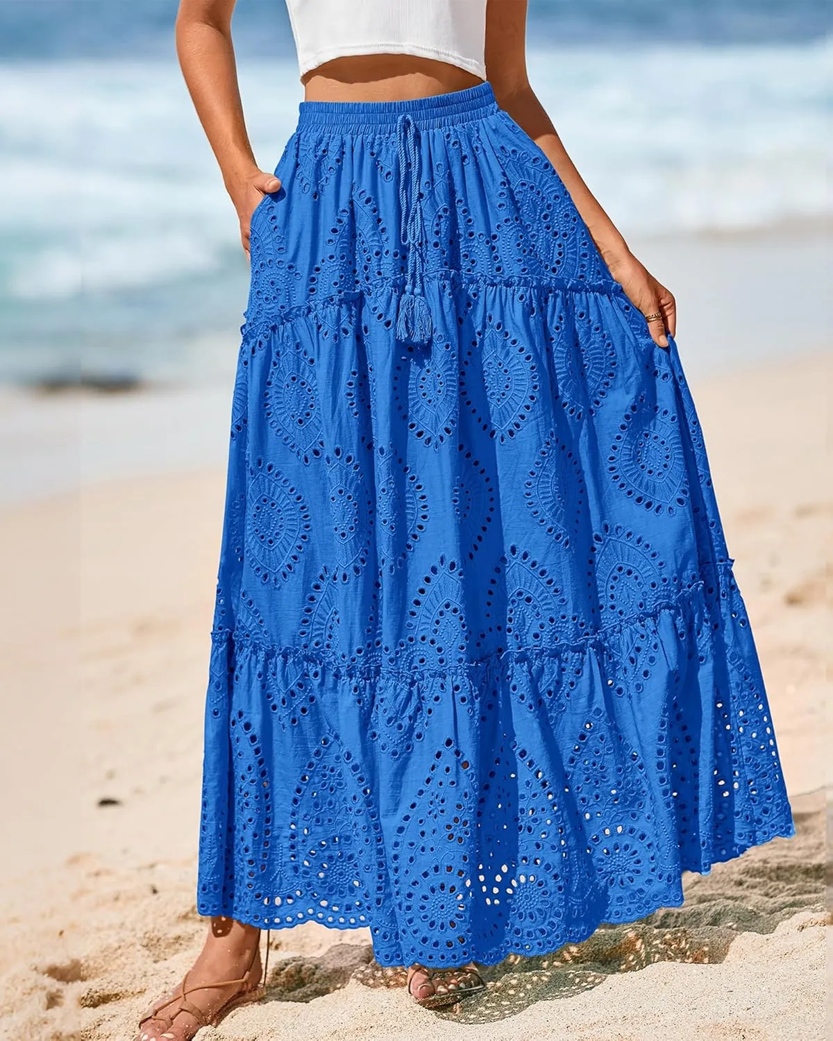 BTFBM Women's Boho Casual Skirts Summer 2025 Lace Embroidery Eyelet Elastic Waist Flowy Tiered A-Line Beach Maxi Skirt