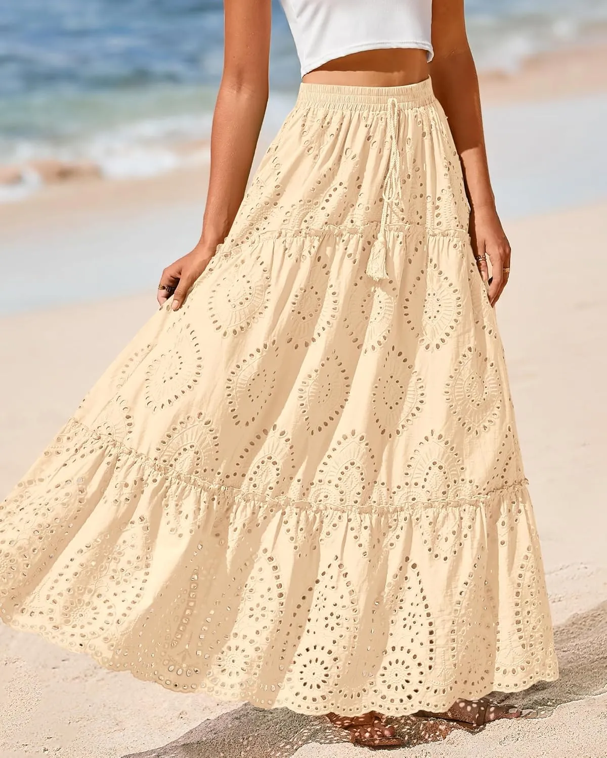 BTFBM Women's Boho Casual Skirts Summer 2025 Lace Embroidery Eyelet Elastic Waist Flowy Tiered A-Line Beach Maxi Skirt