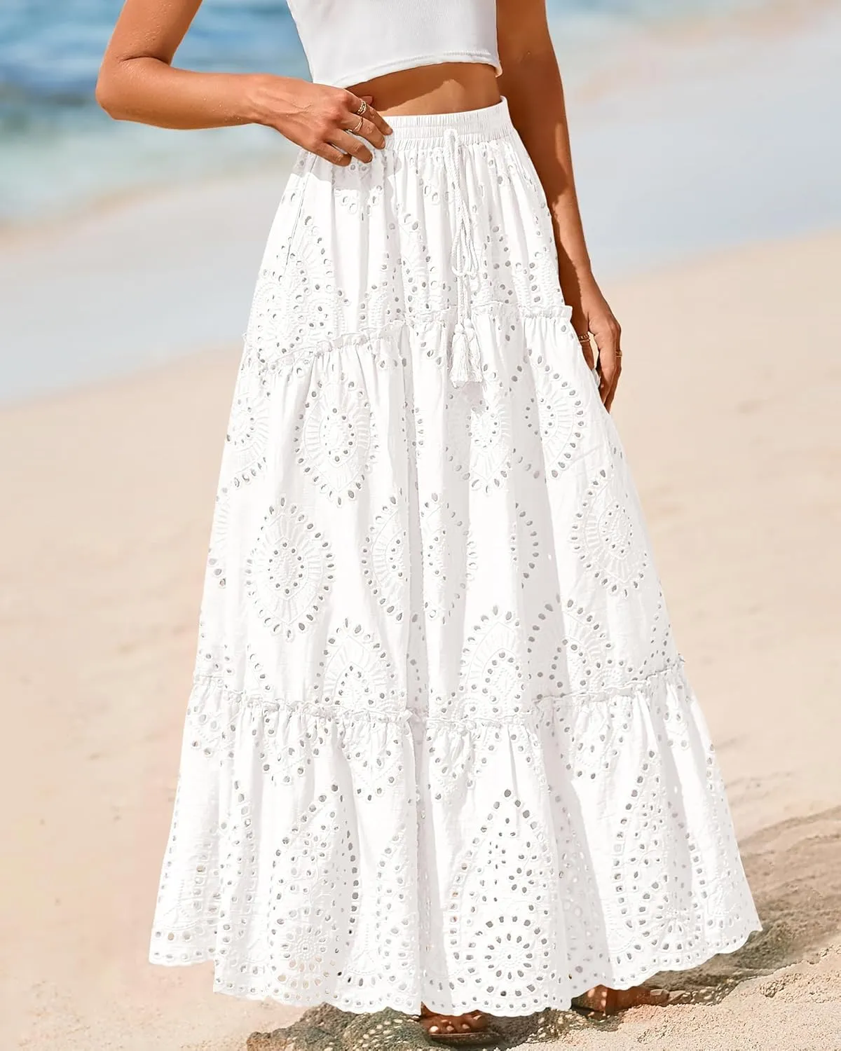 BTFBM Women's Boho Casual Skirts Summer 2025 Lace Embroidery Eyelet Elastic Waist Flowy Tiered A-Line Beach Maxi Skirt