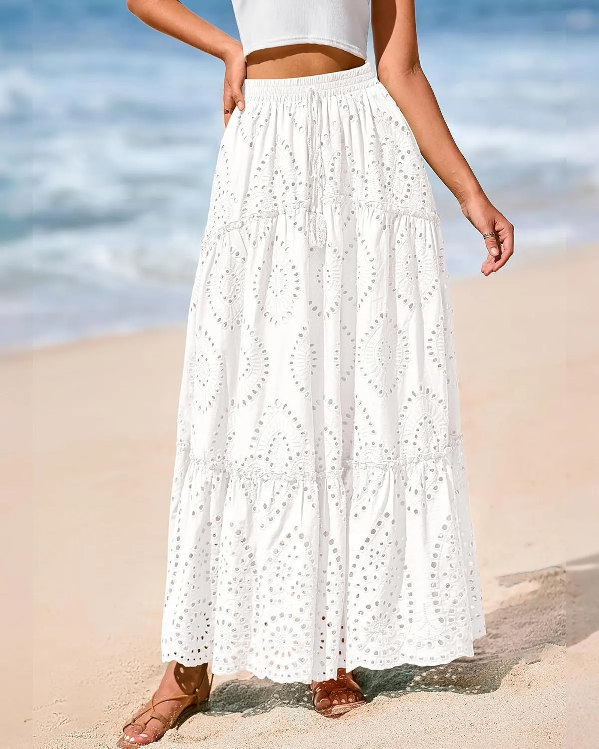 BTFBM Women's Boho Casual Skirts Summer 2025 Lace Embroidery Eyelet Elastic Waist Flowy Tiered A-Line Beach Maxi Skirt