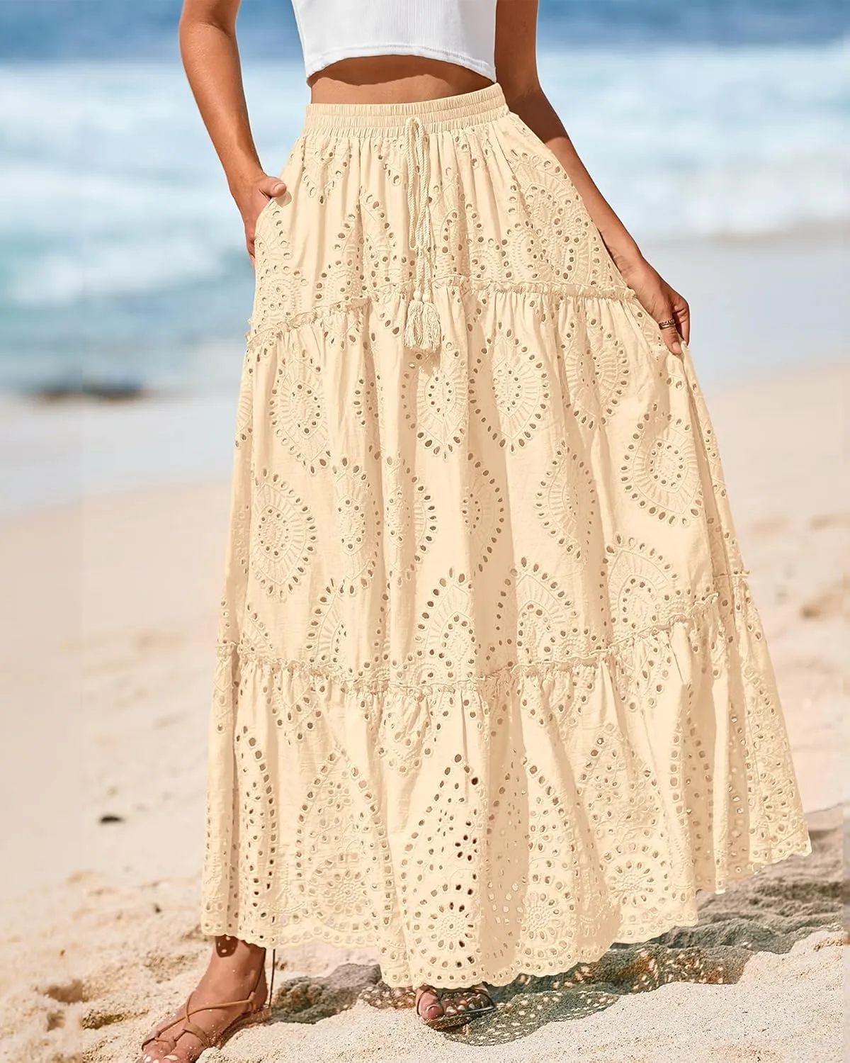 BTFBM Women's Boho Casual Skirts Summer 2025 Lace Embroidery Eyelet Elastic Waist Flowy Tiered A-Line Beach Maxi Skirt
