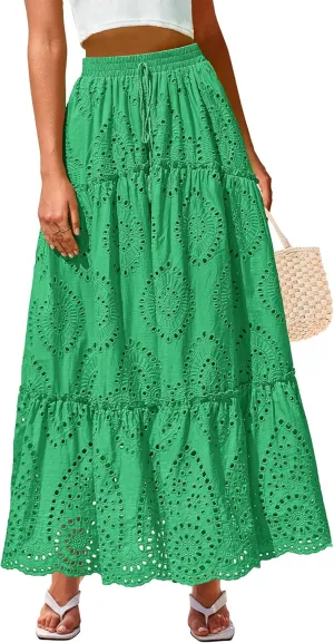 BTFBM Women's Boho Casual Skirts Summer 2025 Lace Embroidery Eyelet Elastic Waist Flowy Tiered A-Line Beach Maxi Skirt
