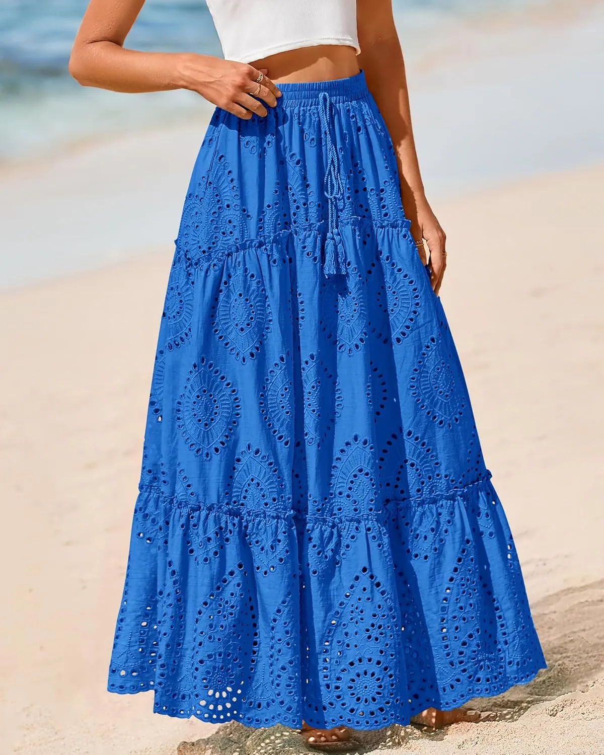 BTFBM Women's Boho Casual Skirts Summer 2025 Lace Embroidery Eyelet Elastic Waist Flowy Tiered A-Line Beach Maxi Skirt