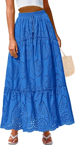 BTFBM Women's Boho Casual Skirts Summer 2025 Lace Embroidery Eyelet Elastic Waist Flowy Tiered A-Line Beach Maxi Skirt