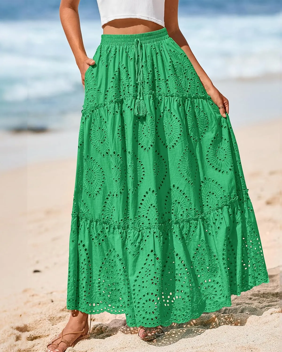 BTFBM Women's Boho Casual Skirts Summer 2025 Lace Embroidery Eyelet Elastic Waist Flowy Tiered A-Line Beach Maxi Skirt