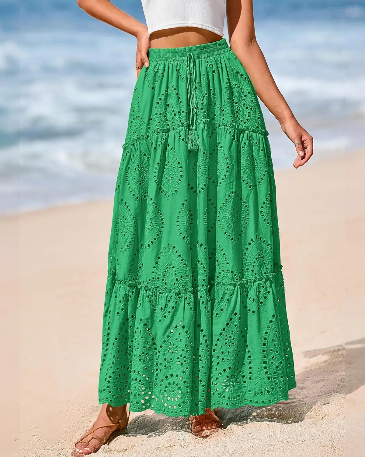 BTFBM Women's Boho Casual Skirts Summer 2025 Lace Embroidery Eyelet Elastic Waist Flowy Tiered A-Line Beach Maxi Skirt