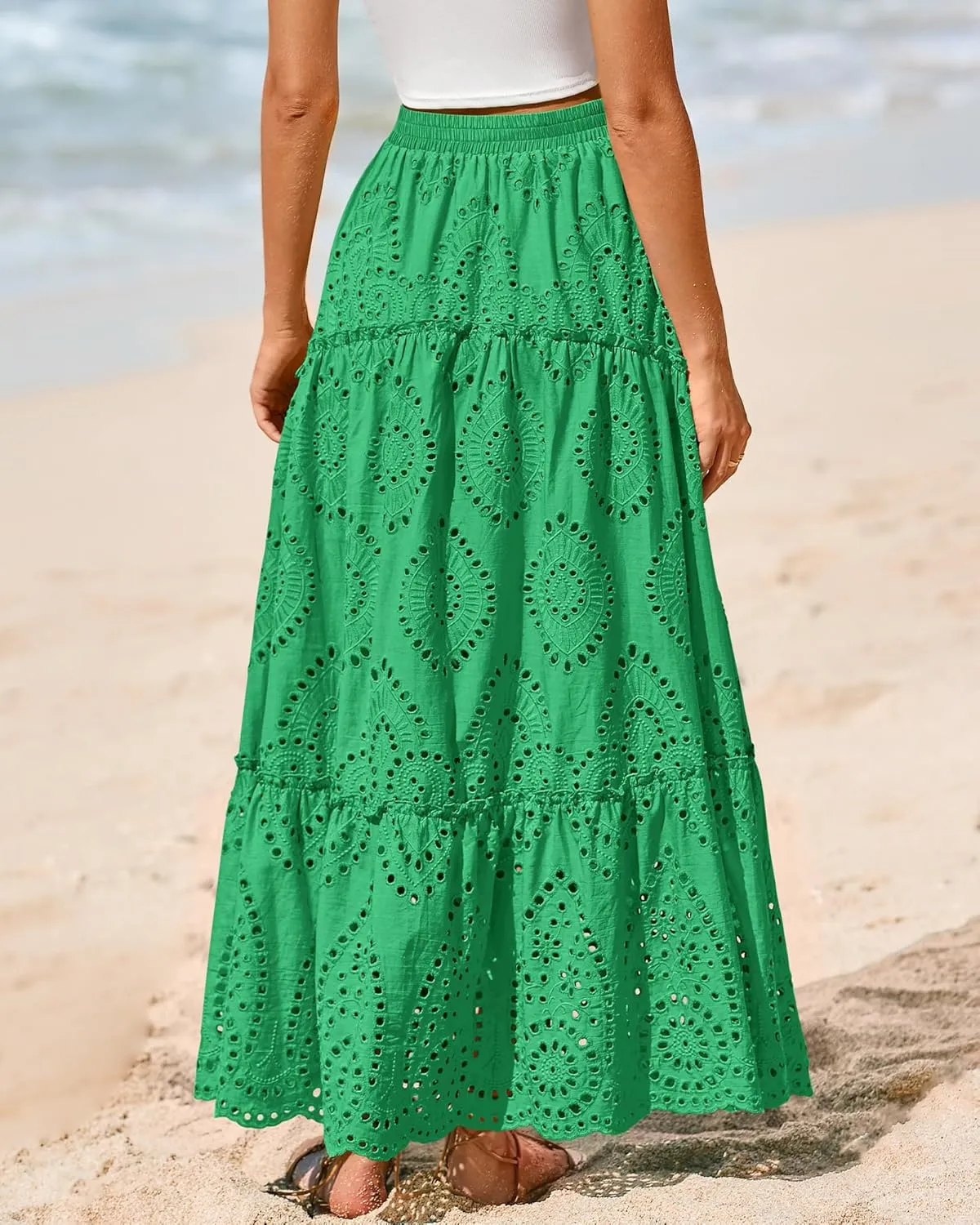 BTFBM Women's Boho Casual Skirts Summer 2025 Lace Embroidery Eyelet Elastic Waist Flowy Tiered A-Line Beach Maxi Skirt