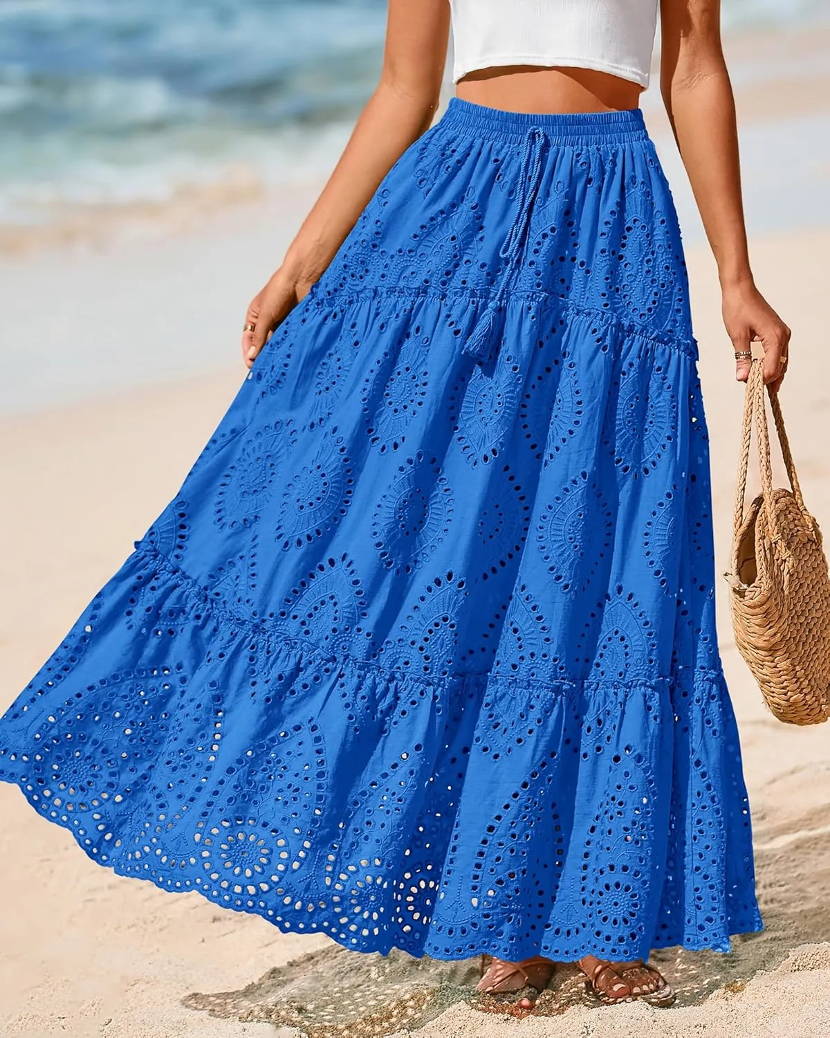 BTFBM Women's Boho Casual Skirts Summer 2025 Lace Embroidery Eyelet Elastic Waist Flowy Tiered A-Line Beach Maxi Skirt