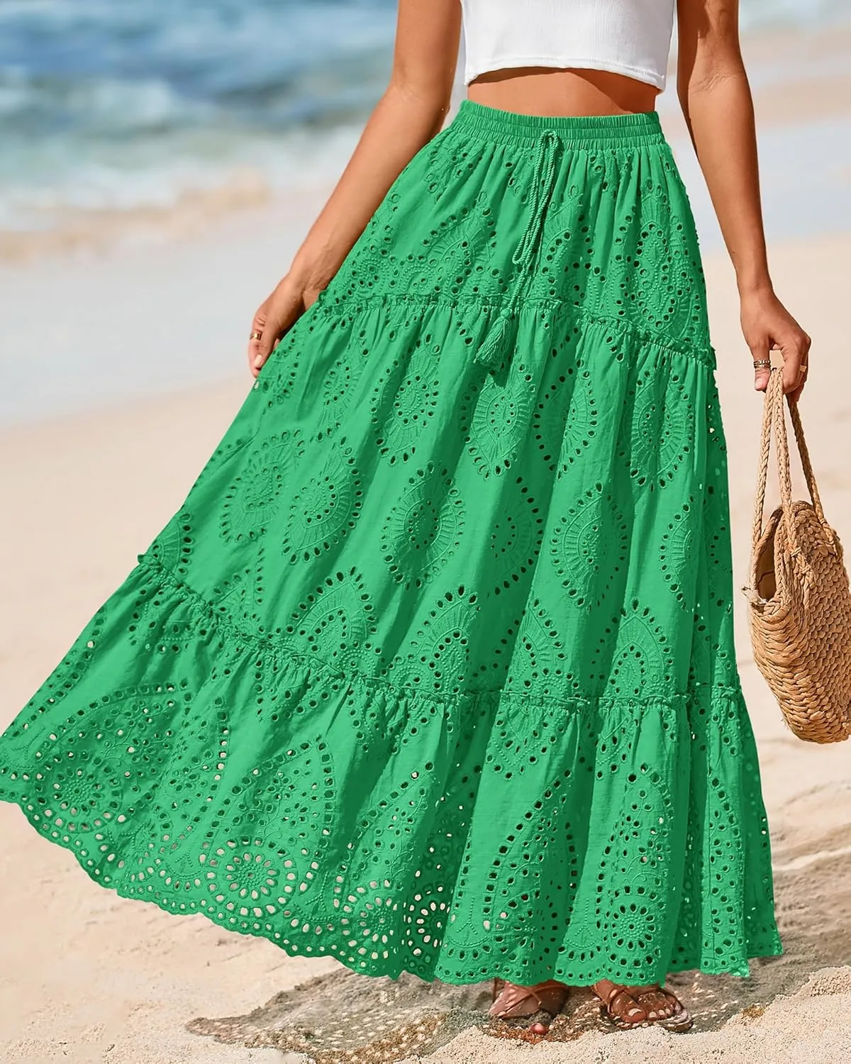 BTFBM Women's Boho Casual Skirts Summer 2025 Lace Embroidery Eyelet Elastic Waist Flowy Tiered A-Line Beach Maxi Skirt