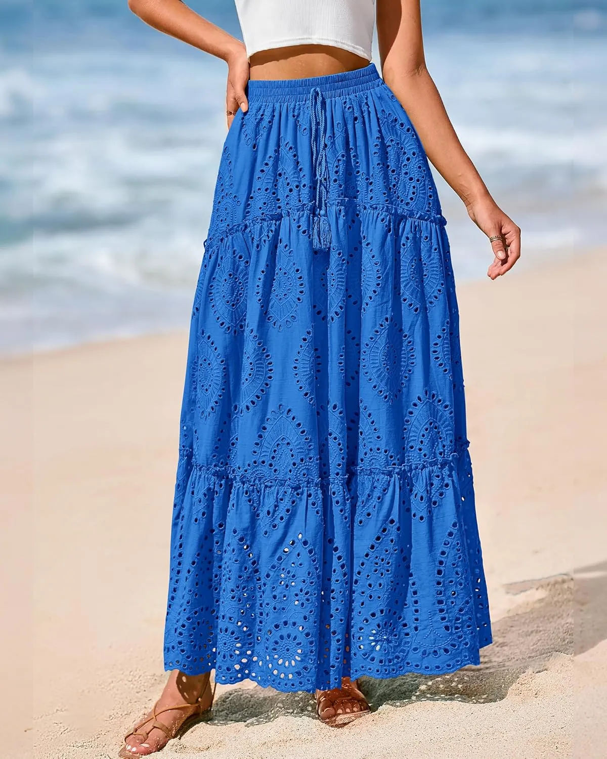 BTFBM Women's Boho Casual Skirts Summer 2025 Lace Embroidery Eyelet Elastic Waist Flowy Tiered A-Line Beach Maxi Skirt