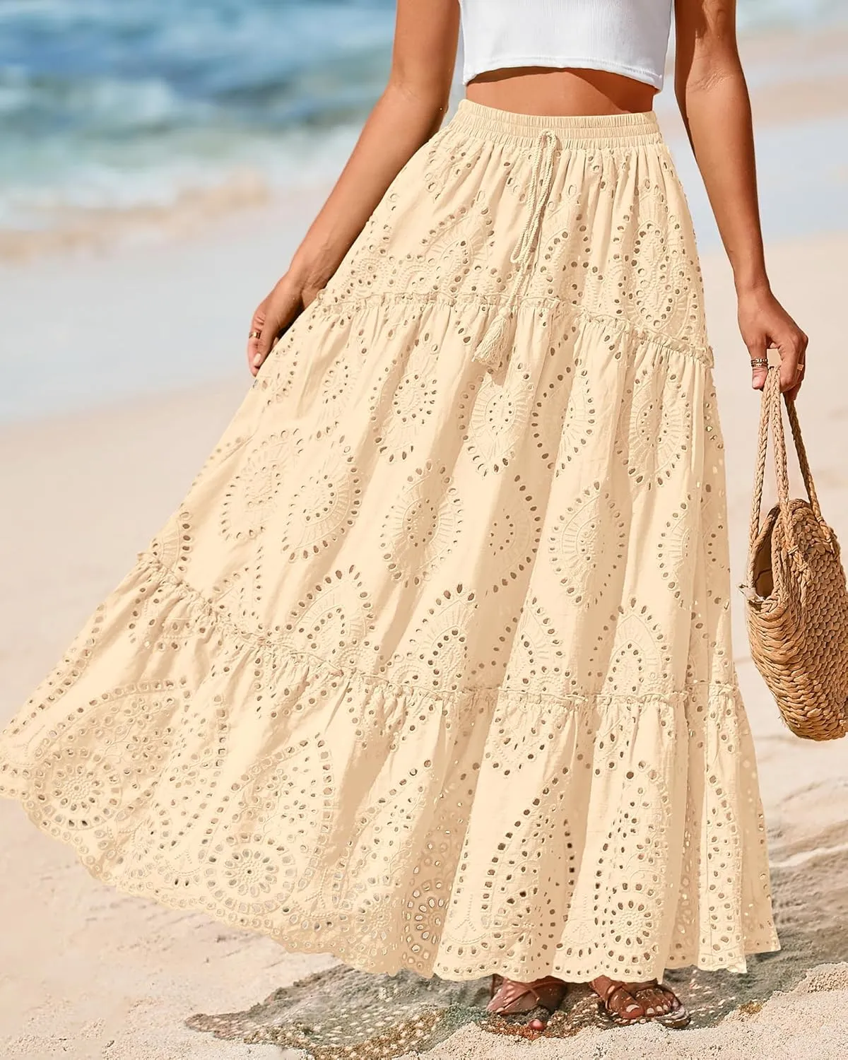 BTFBM Women's Boho Casual Skirts Summer 2025 Lace Embroidery Eyelet Elastic Waist Flowy Tiered A-Line Beach Maxi Skirt