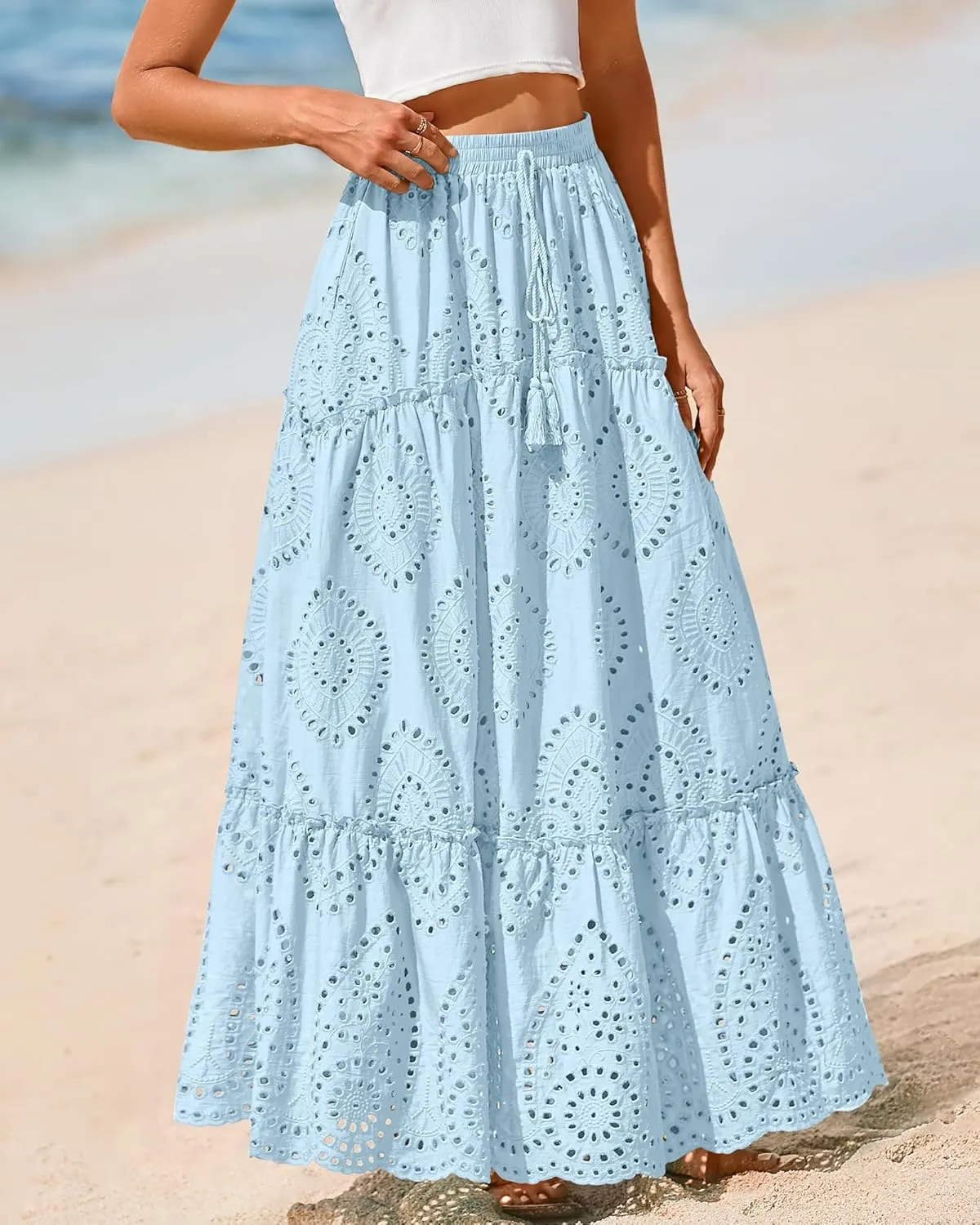 BTFBM Women's Boho Casual Skirts Summer 2025 Lace Embroidery Eyelet Elastic Waist Flowy Tiered A-Line Beach Maxi Skirt