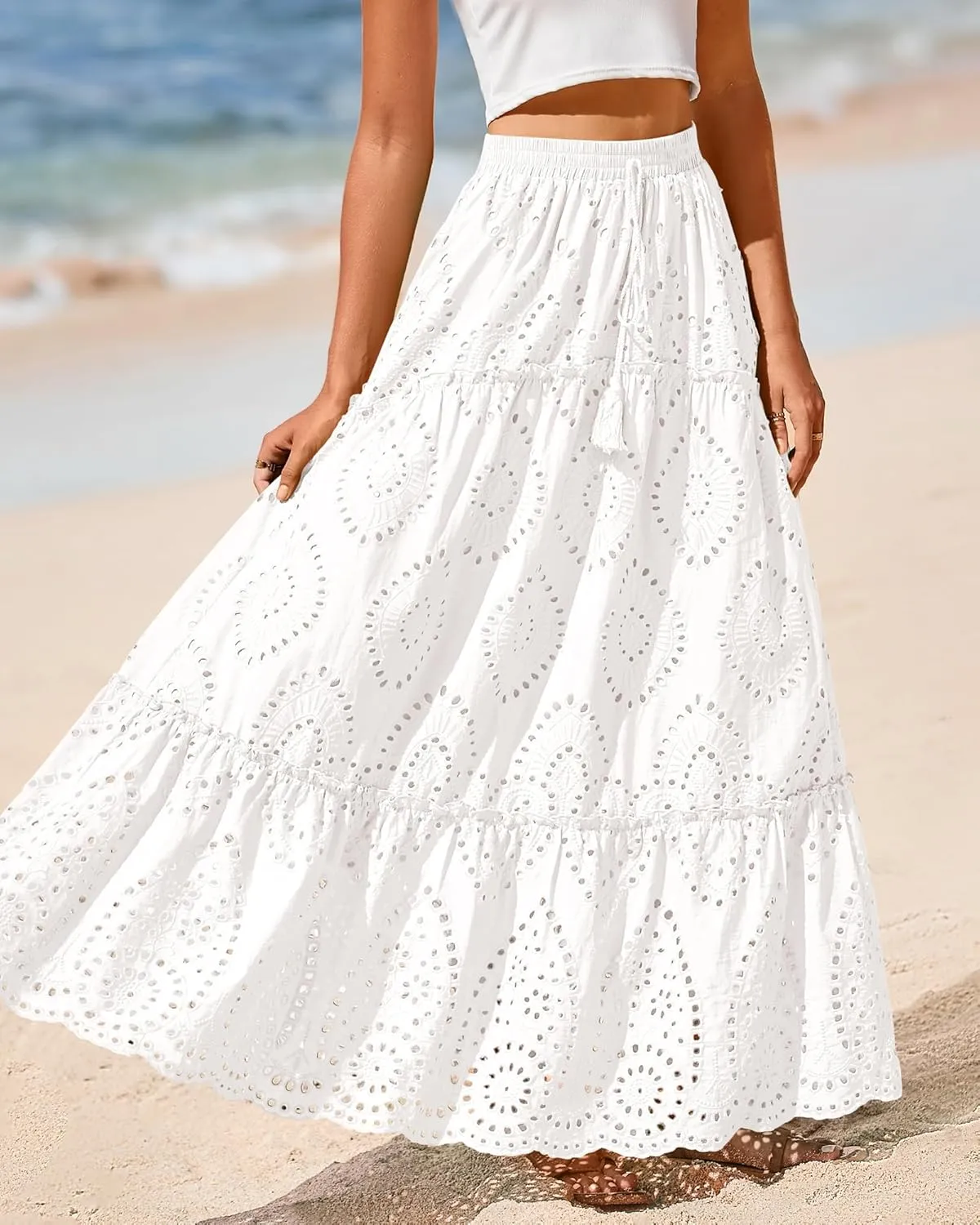 BTFBM Women's Boho Casual Skirts Summer 2025 Lace Embroidery Eyelet Elastic Waist Flowy Tiered A-Line Beach Maxi Skirt