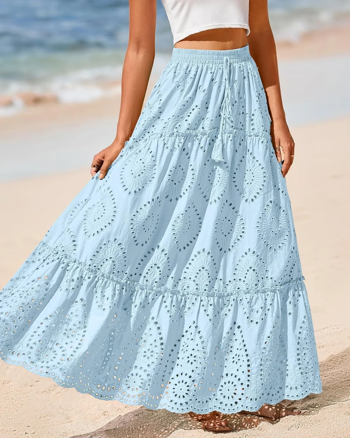 BTFBM Women's Boho Casual Skirts Summer 2025 Lace Embroidery Eyelet Elastic Waist Flowy Tiered A-Line Beach Maxi Skirt