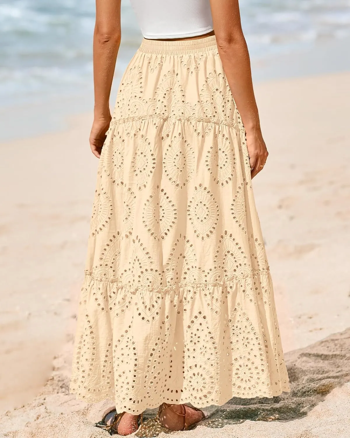 BTFBM Women's Boho Casual Skirts Summer 2025 Lace Embroidery Eyelet Elastic Waist Flowy Tiered A-Line Beach Maxi Skirt
