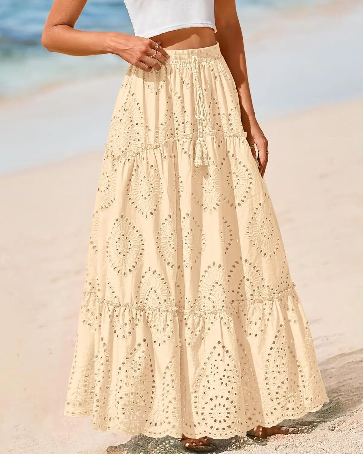 BTFBM Women's Boho Casual Skirts Summer 2025 Lace Embroidery Eyelet Elastic Waist Flowy Tiered A-Line Beach Maxi Skirt