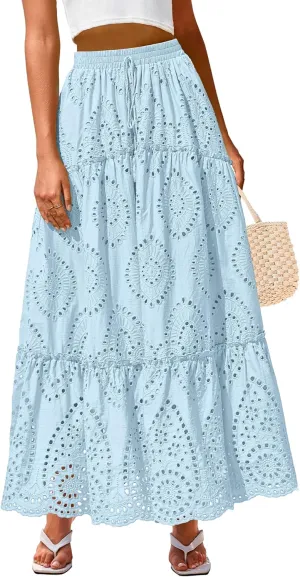 BTFBM Women's Boho Casual Skirts Summer 2025 Lace Embroidery Eyelet Elastic Waist Flowy Tiered A-Line Beach Maxi Skirt