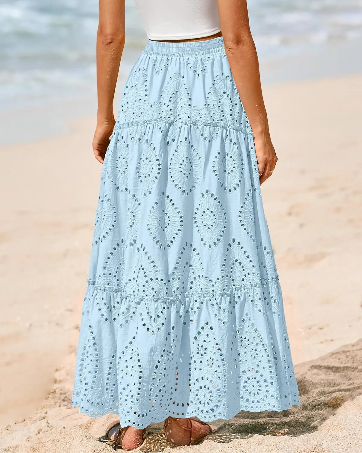 BTFBM Women's Boho Casual Skirts Summer 2025 Lace Embroidery Eyelet Elastic Waist Flowy Tiered A-Line Beach Maxi Skirt