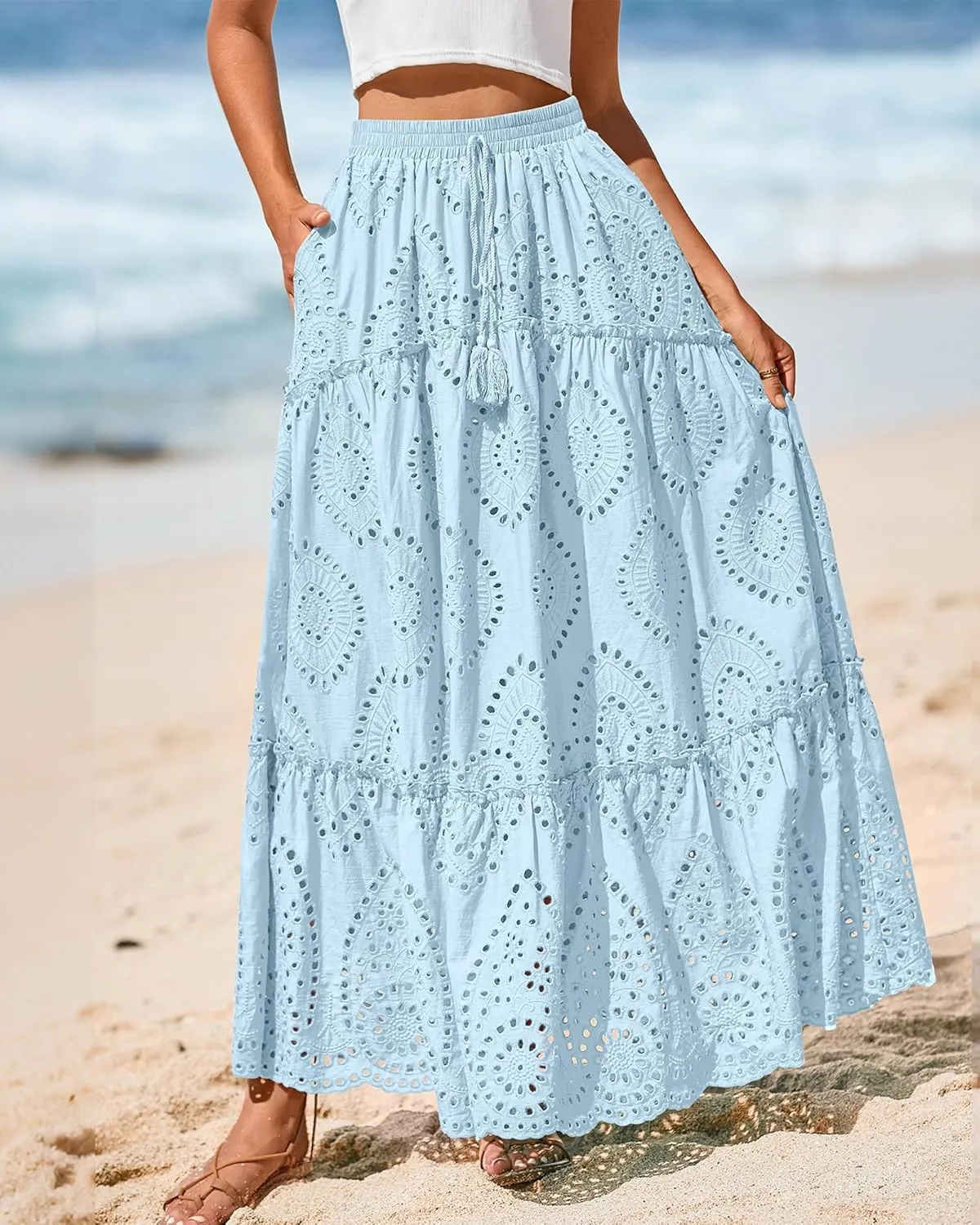 BTFBM Women's Boho Casual Skirts Summer 2025 Lace Embroidery Eyelet Elastic Waist Flowy Tiered A-Line Beach Maxi Skirt