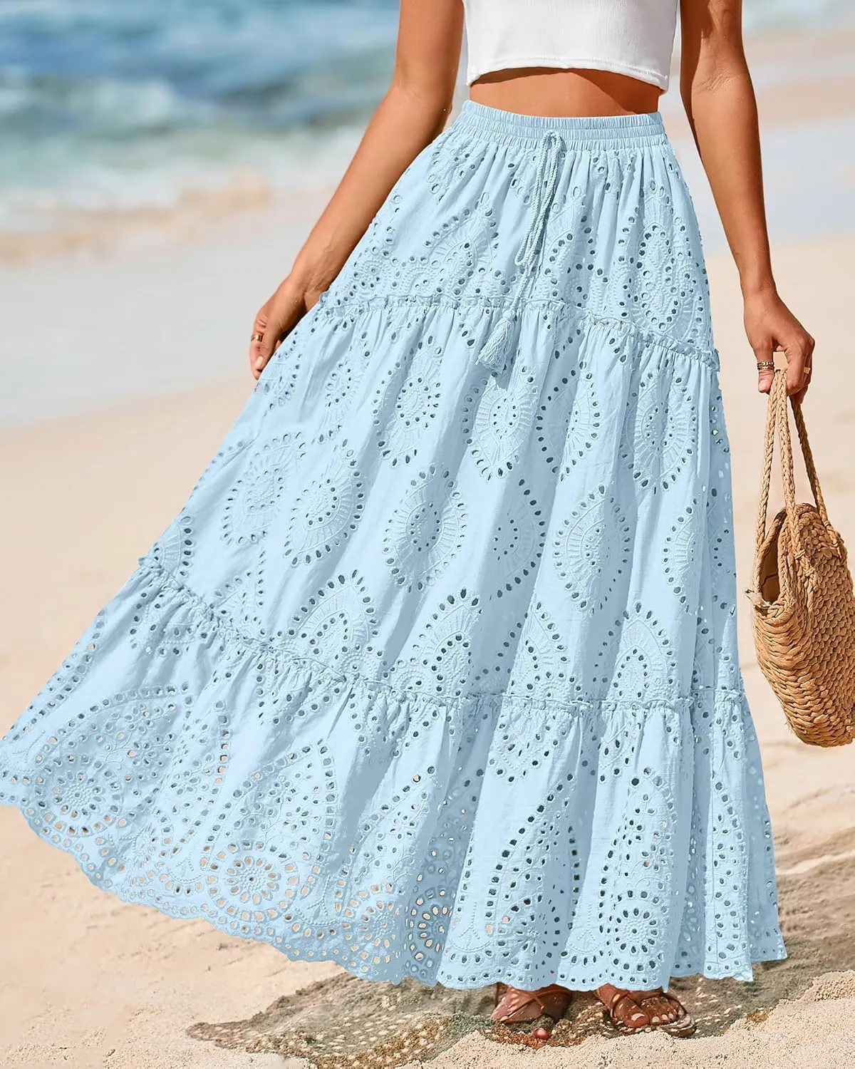 BTFBM Women's Boho Casual Skirts Summer 2025 Lace Embroidery Eyelet Elastic Waist Flowy Tiered A-Line Beach Maxi Skirt