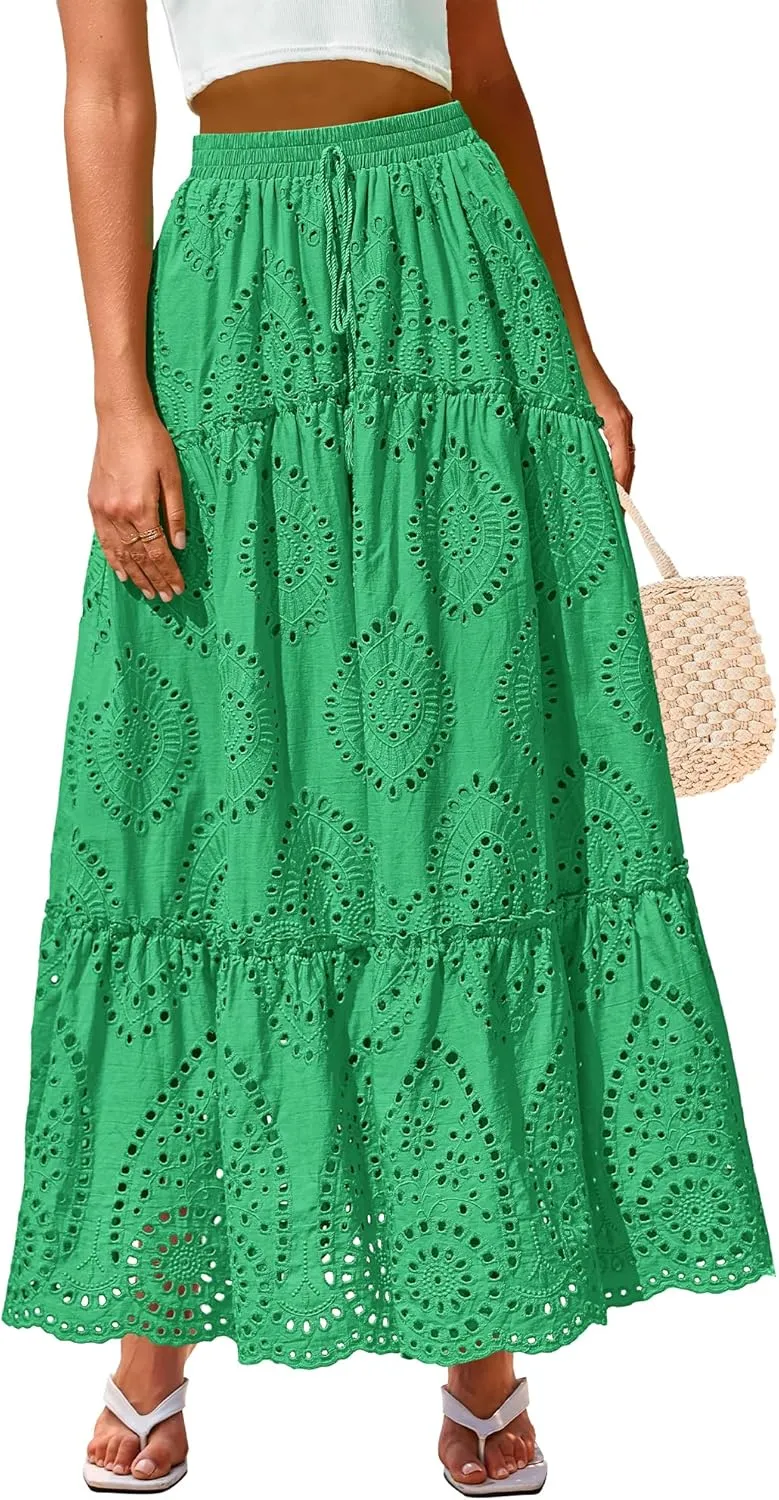 BTFBM Women's Boho Casual Skirts Summer 2025 Lace Embroidery Eyelet Elastic Waist Flowy Tiered A-Line Beach Maxi Skirt