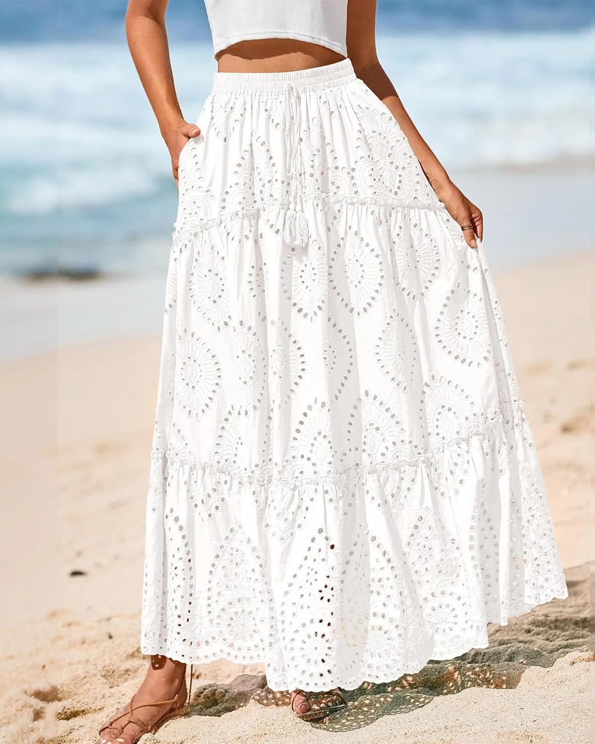 BTFBM Women's Boho Casual Skirts Summer 2025 Lace Embroidery Eyelet Elastic Waist Flowy Tiered A-Line Beach Maxi Skirt