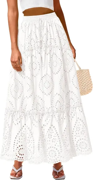BTFBM Women's Boho Casual Skirts Summer 2025 Lace Embroidery Eyelet Elastic Waist Flowy Tiered A-Line Beach Maxi Skirt