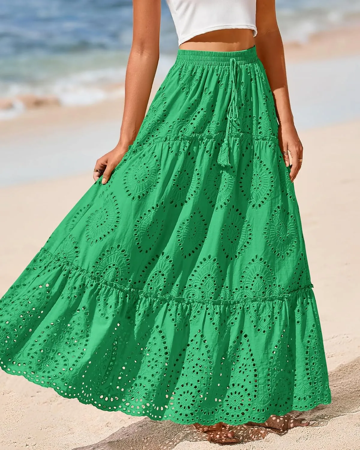 BTFBM Women's Boho Casual Skirts Summer 2025 Lace Embroidery Eyelet Elastic Waist Flowy Tiered A-Line Beach Maxi Skirt