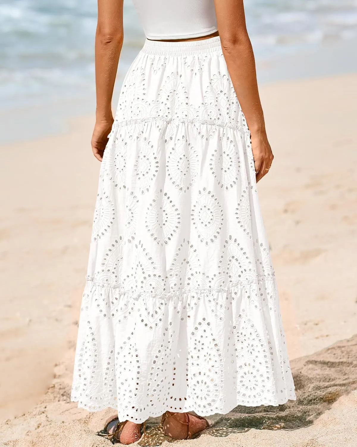 BTFBM Women's Boho Casual Skirts Summer 2025 Lace Embroidery Eyelet Elastic Waist Flowy Tiered A-Line Beach Maxi Skirt